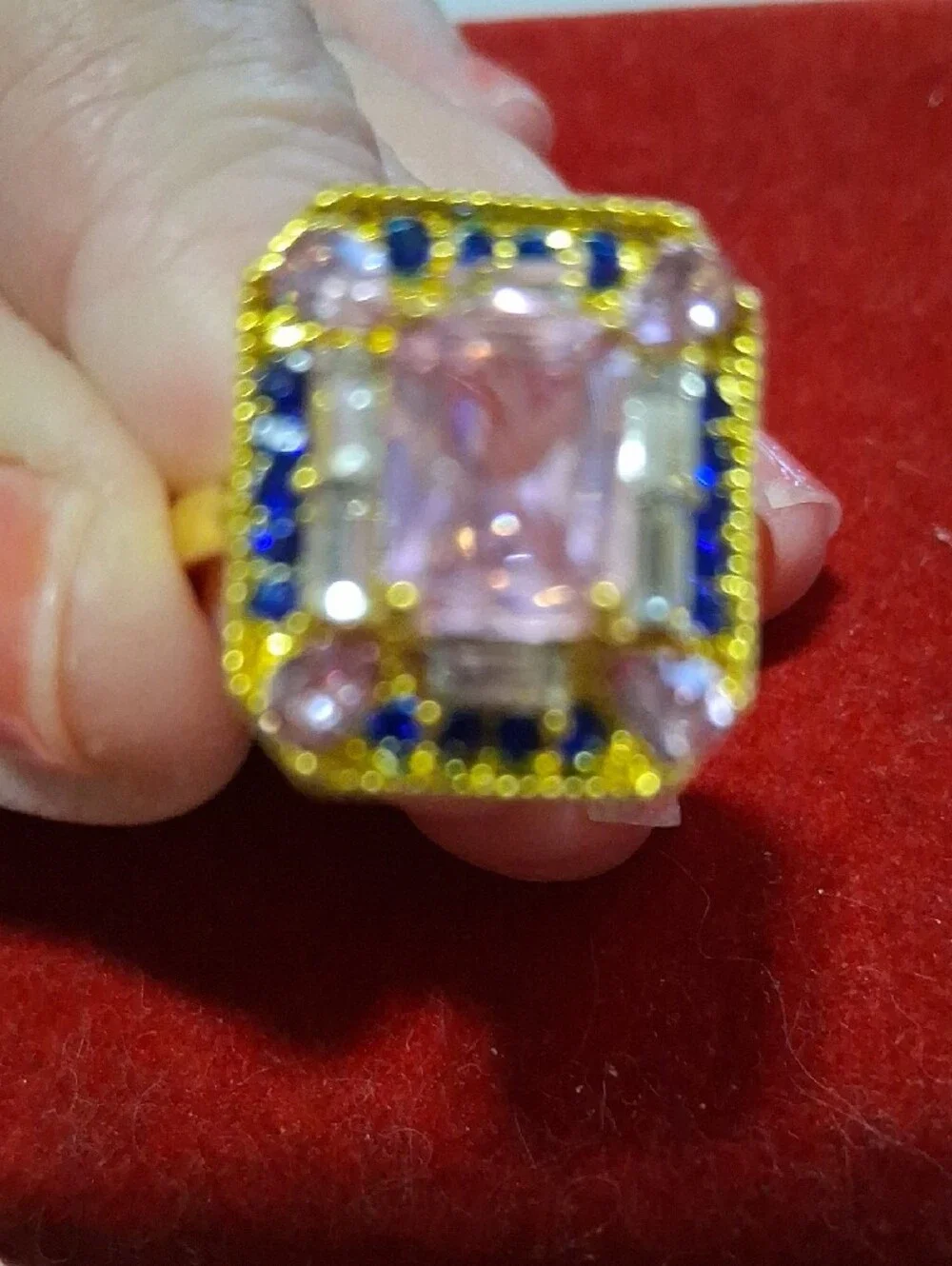 Source Unknown Gold-Tone Ring with Pink Center and Blue Accents